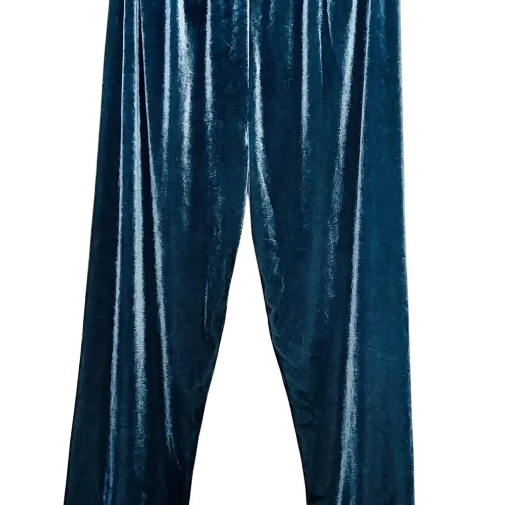 Turquoise Teal Blue Velour Velvet Straight Lace Trim Elastic Pajama Pants 2XL